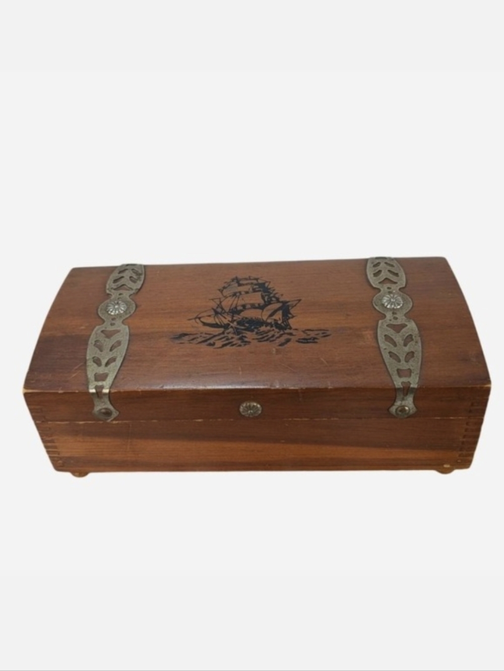 Vintage‎ Wood Box Brass Hardware Sailing Ship Pyrography Hinged Keepsake